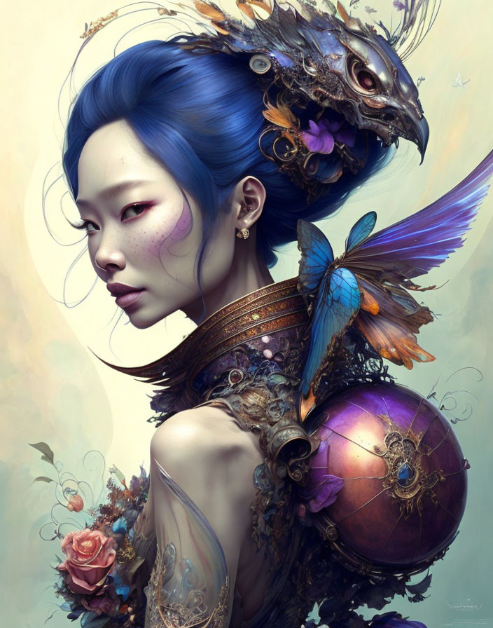 Fantasy portrait of woman with blue hair and ornate armor, feathers, flowers, and mechanical sphere