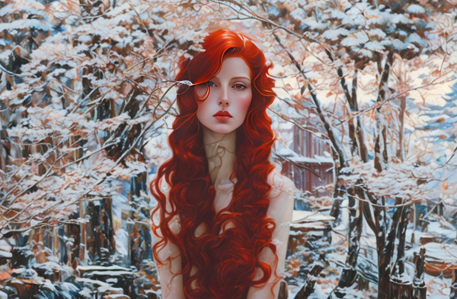 Red-haired woman in snowy forest with leaf on cheek