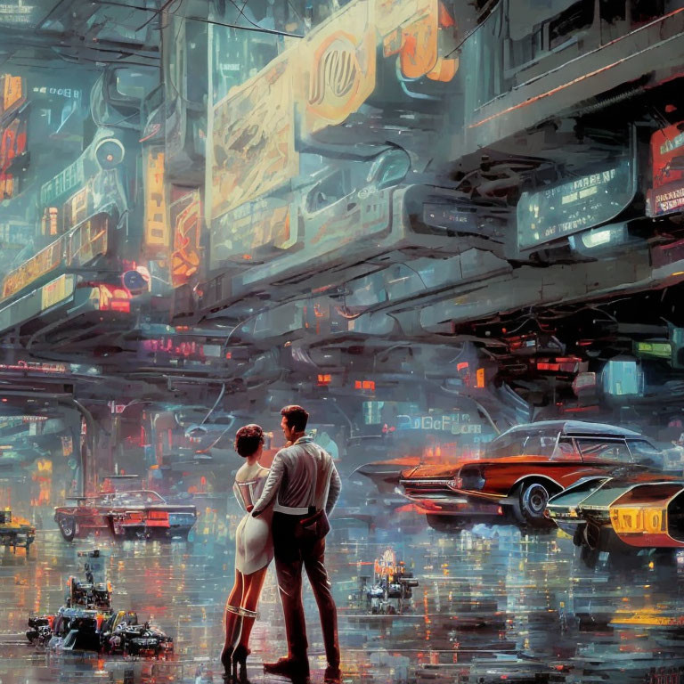 Couple embracing in futuristic cityscape with floating cars and digital billboards