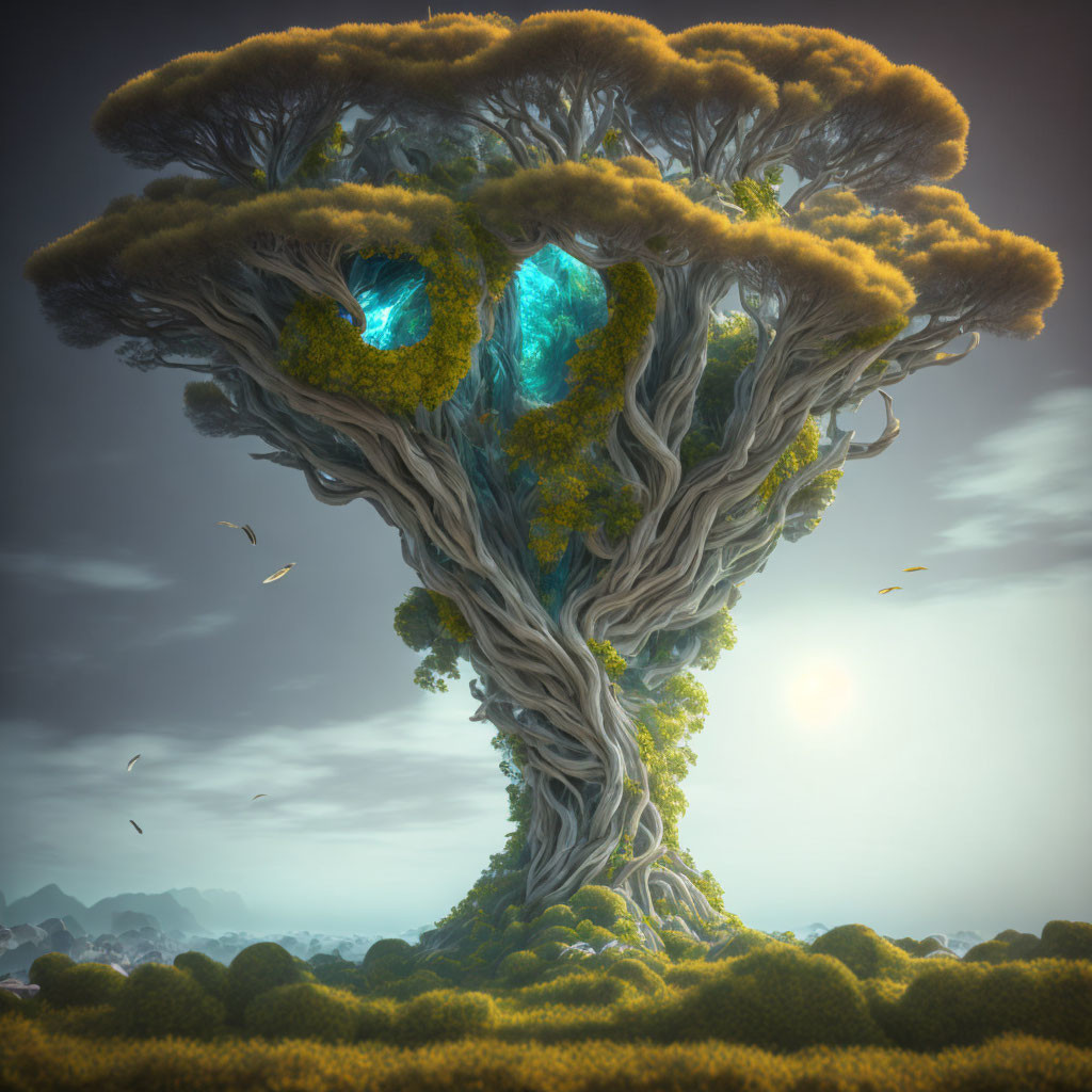 Majestic twisted trunk tree with glowing blue hollows in misty landscape