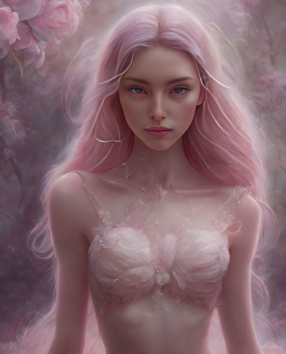 Digital Artwork: Woman with Long Pink Hair and Translucent Floral Garment