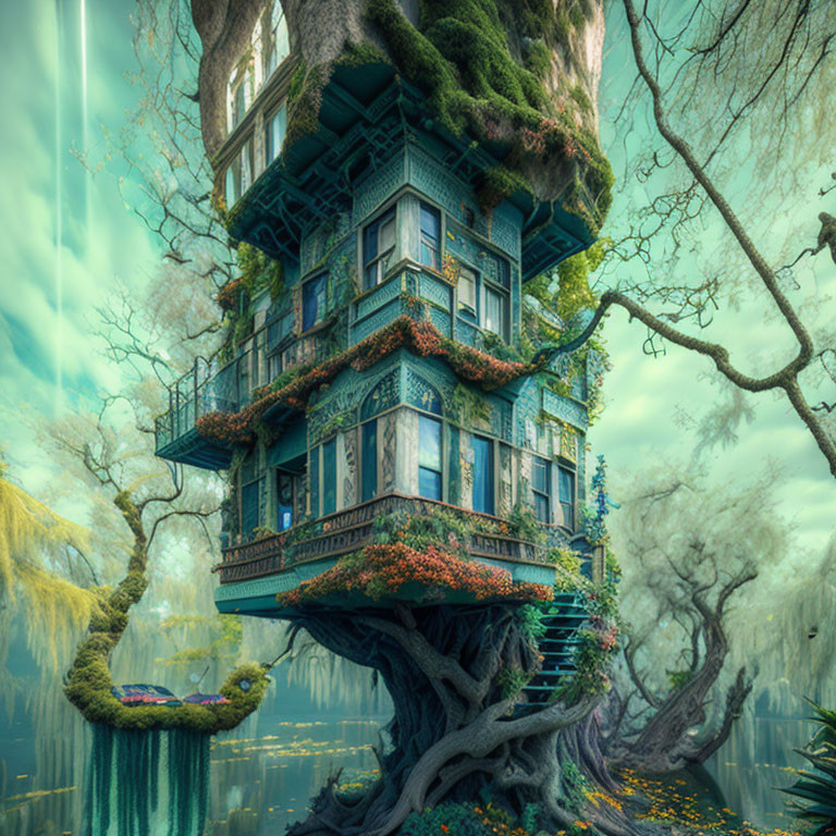 Ornate blue balconies on whimsical multi-story treehouse in mystical forest