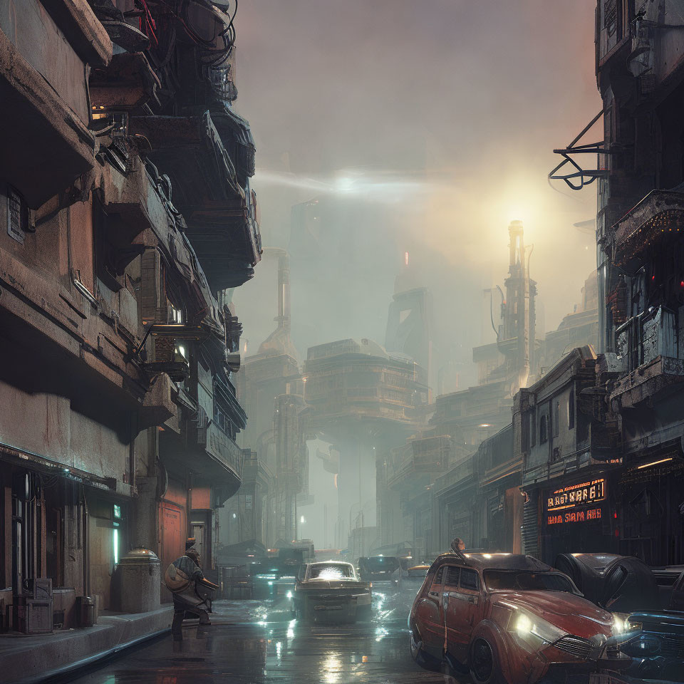 Futuristic cityscape at dusk: towering buildings, neon signs, mist, vintage cars.