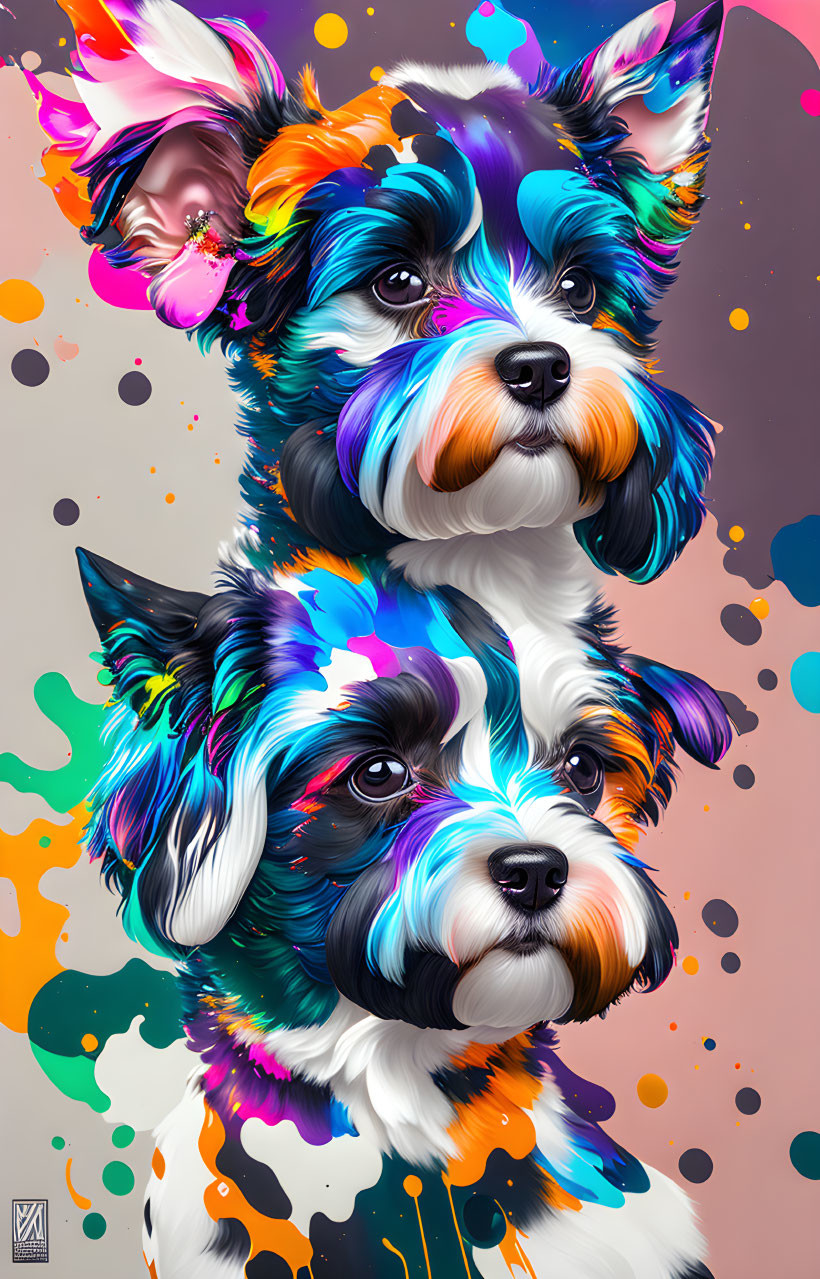 Vibrant Schnauzer dogs digital artwork with colorful paint splashes