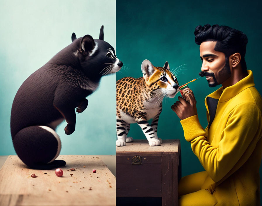 Man in Yellow Jacket Painting Leopard with Large Cat Nearby