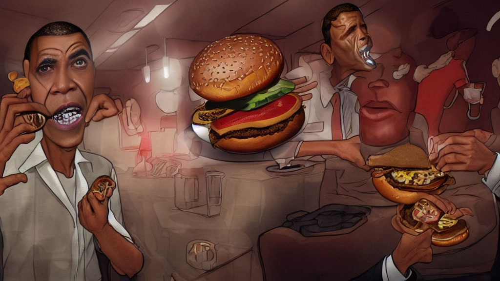 Exaggerated caricature-style illustration of people enjoying fast food in a diner