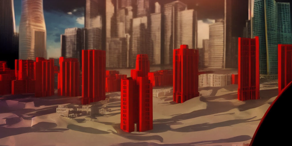 Futuristic cityscape illustration with red-tinted buildings and dramatic sky.