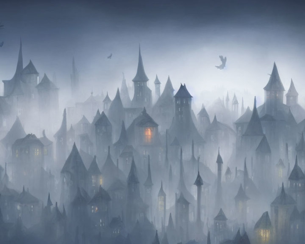 Gothic landscape at dusk: mist, castles, spires, lit windows
