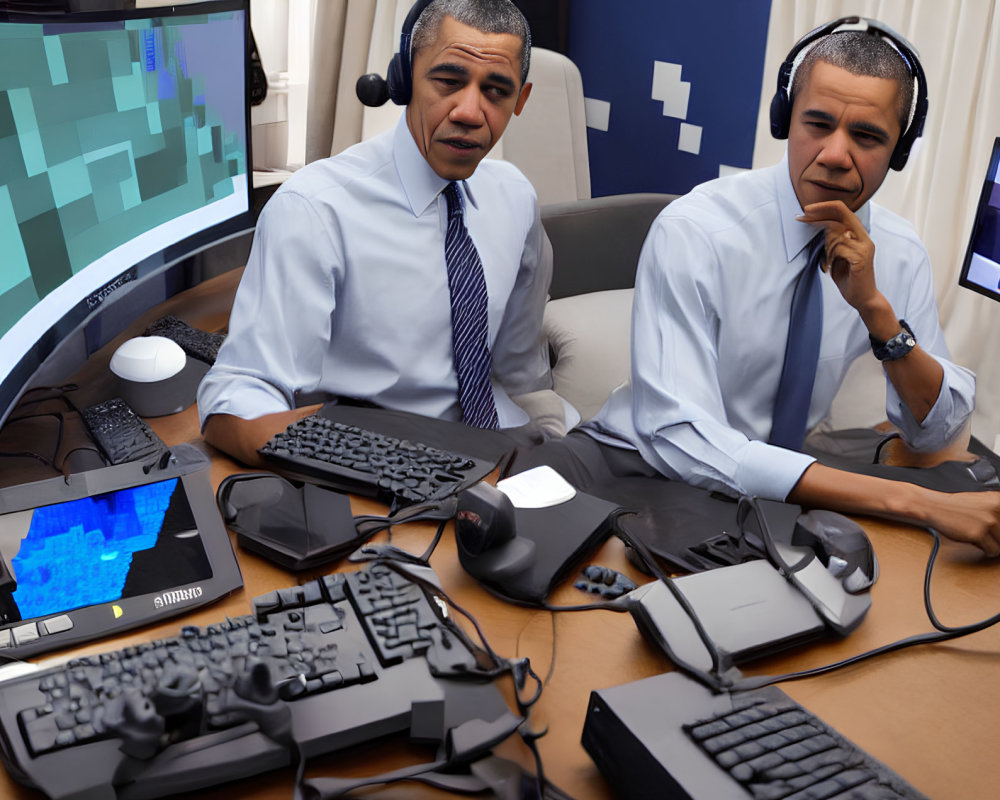 Two people at desk with headsets and tech equipment.