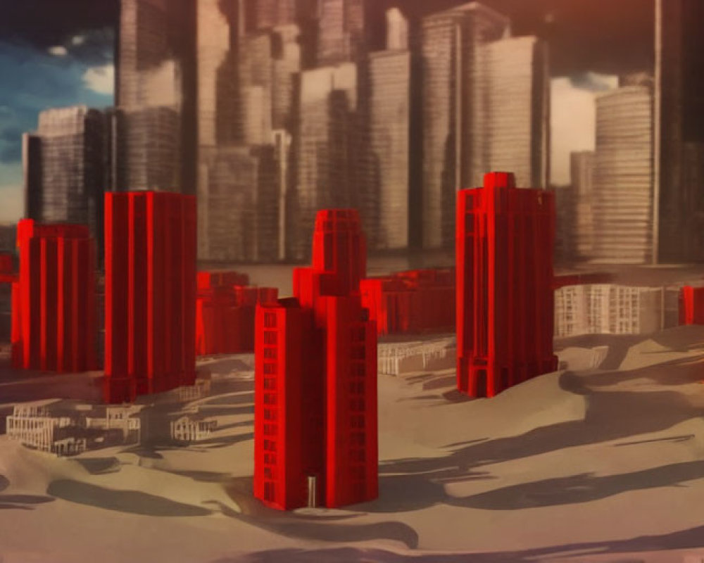 Futuristic cityscape illustration with red-tinted buildings and dramatic sky.