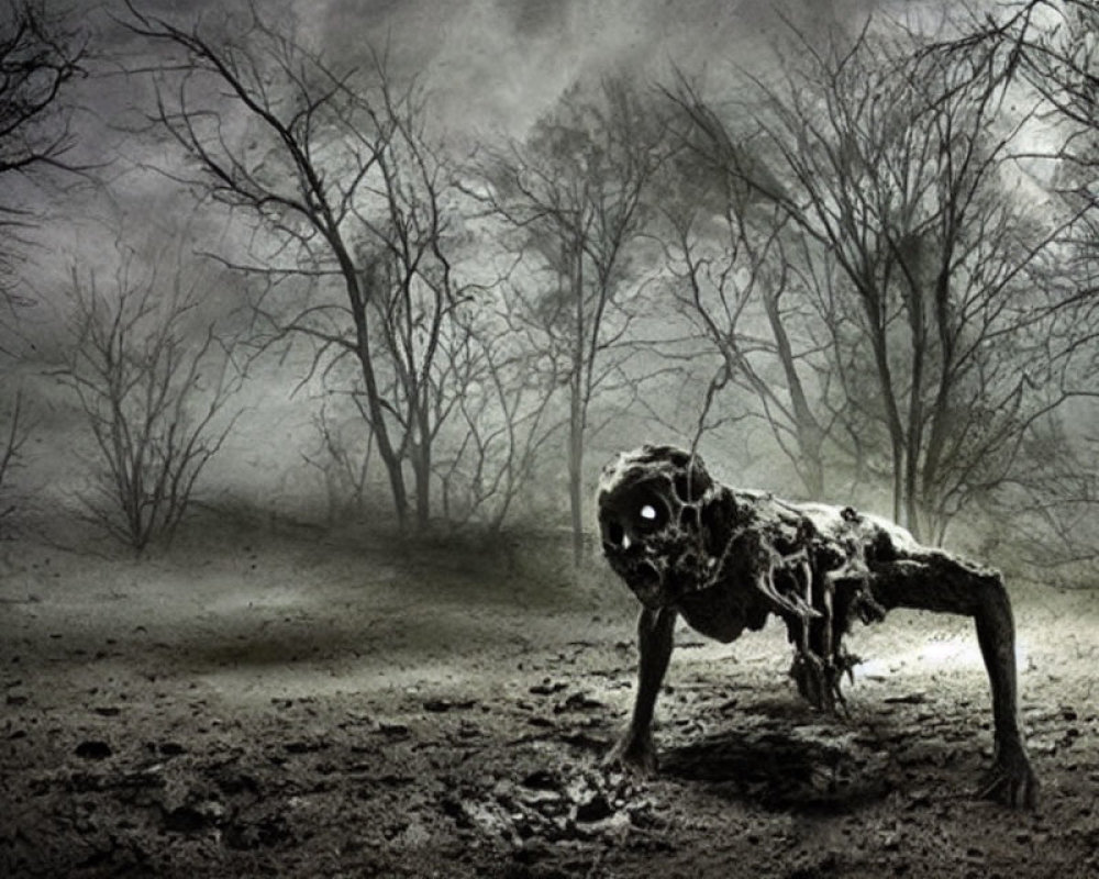 Skeletal zombie-like creature in misty barren forest