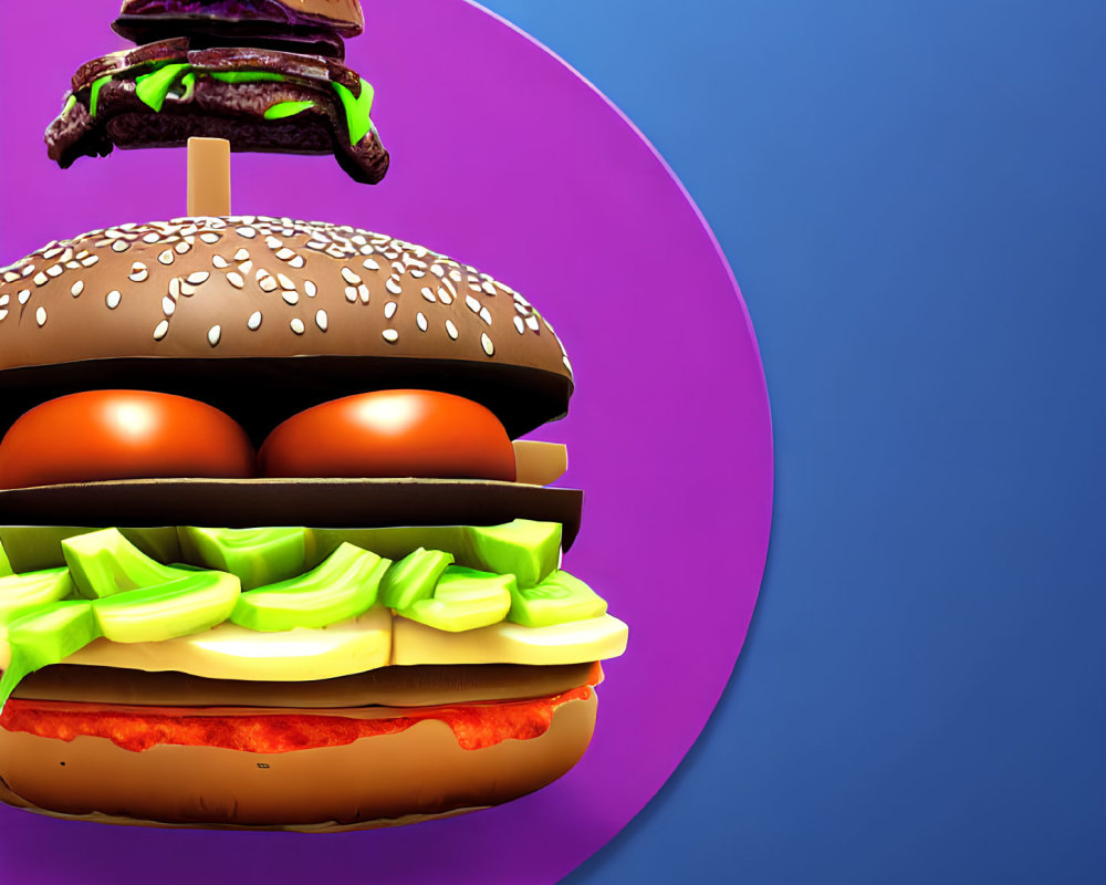 Vibrant stacked burger with exaggerated ingredients on colorful background