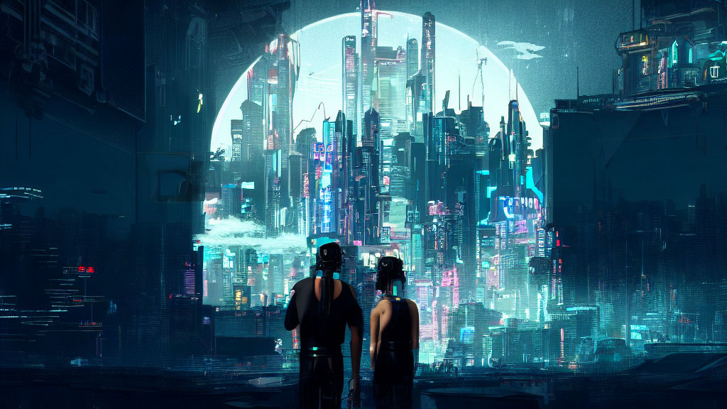 Futuristic cityscape at night with two figures and neon lights