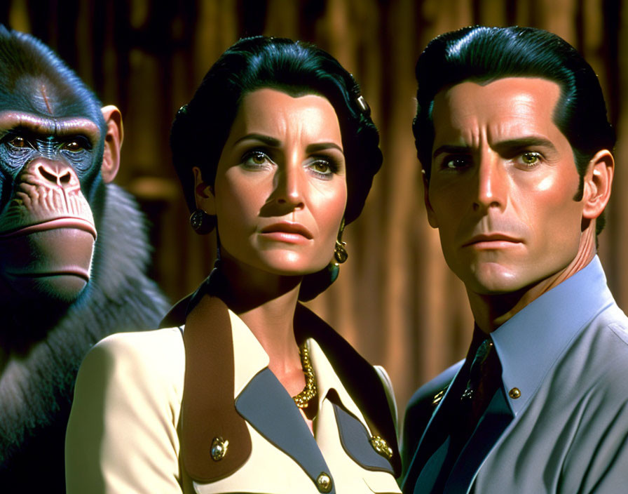 Two individuals and a gorilla-like creature in retro attire against a dark backdrop