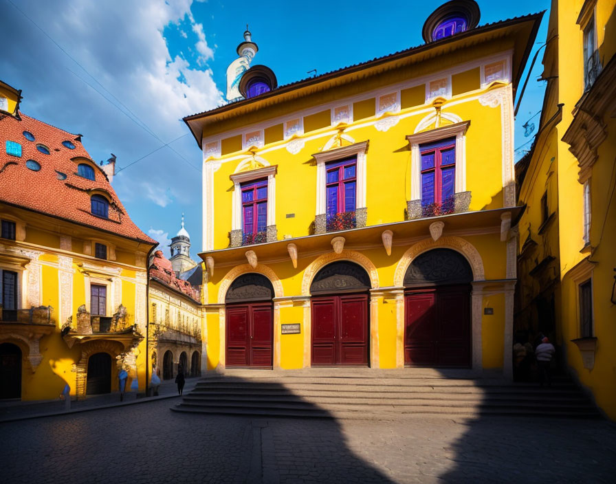 Vibrant yellow building with red doors on cobbled street under blue sky