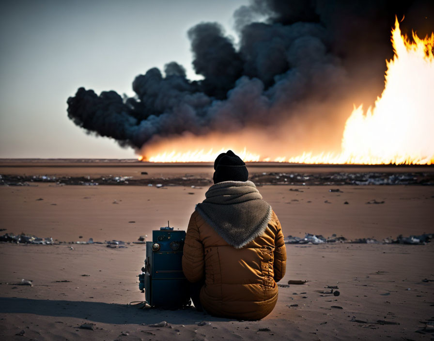 Person in warm jacket sits by fire on barren landscape