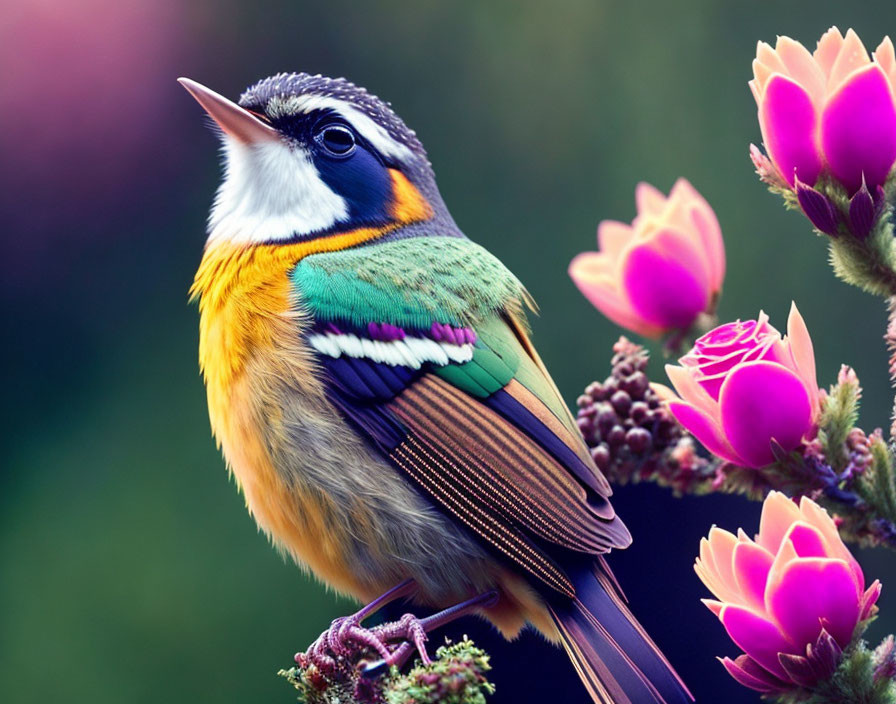 Colorful Bird Perched on Branch Among Purple Flowers