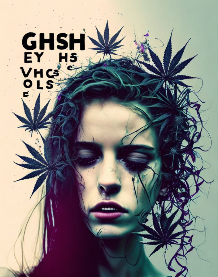 Portrait featuring cannabis leaves in hair with overlay letters and dark filter