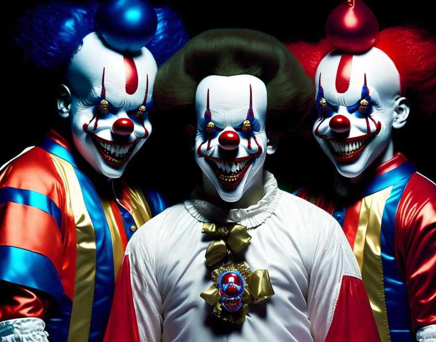 Three menacing clowns in colorful outfits on dark background