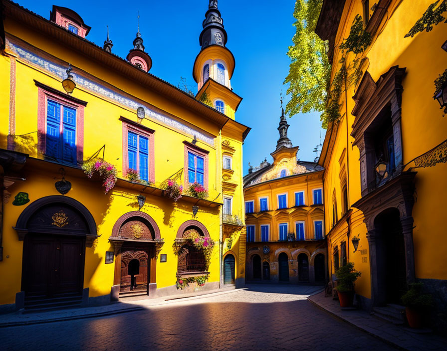 European Cobblestone Street with Yellow Buildings and Red Flowers