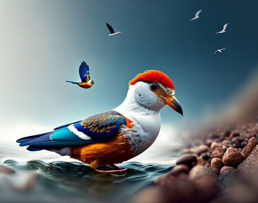 Colorful bird with red crest, white face, and blue wings near water with flying birds in cloudy