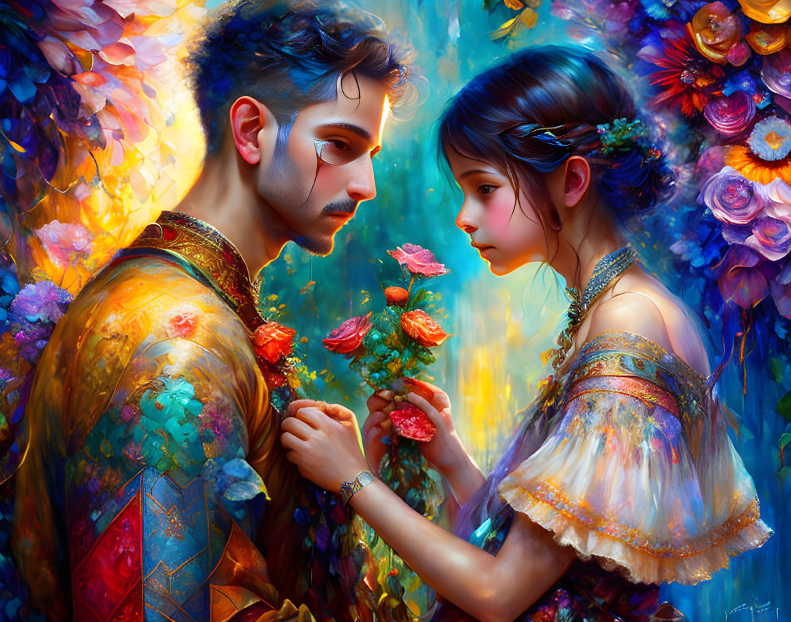 Colorful Digital Art: Man and Girl in Fantastical Attire with Flowers