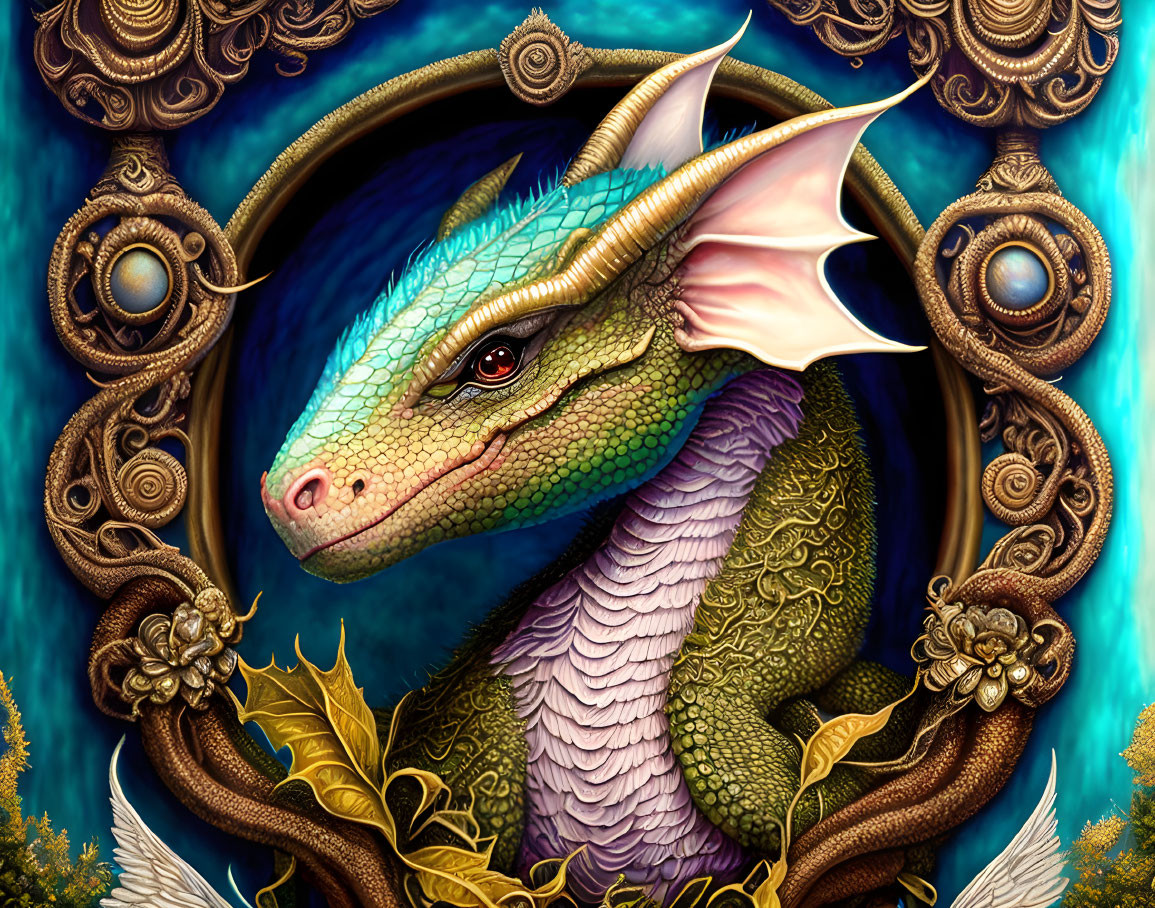 Detailed illustration of majestic dragon with green scales, pink wings, golden embellishments, blue background