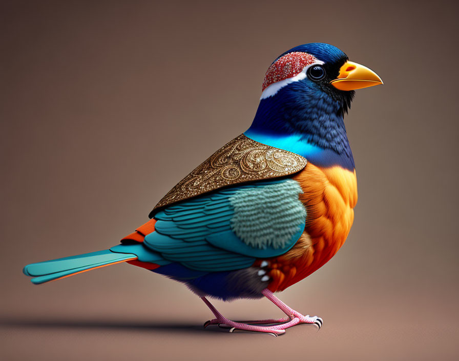 Vibrant Illustrated Bird with Intricate Patterns in Blues, Oranges, and Greens