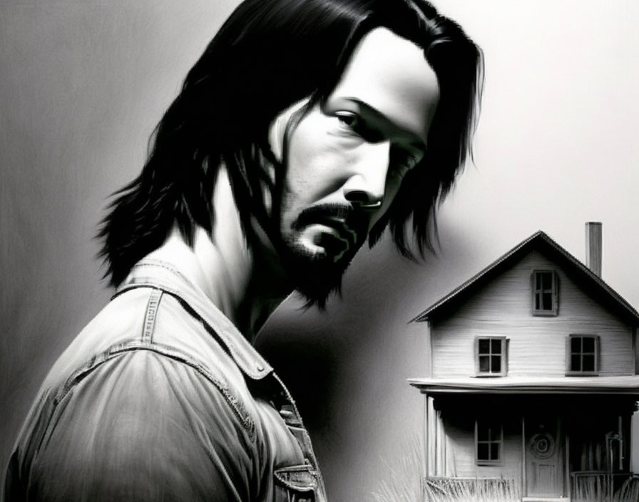Monochrome digital illustration of a man with long hair and a beard in front of a stylized house