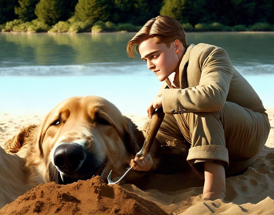 Young person in beige outfit petting golden retriever on sandy riverbank