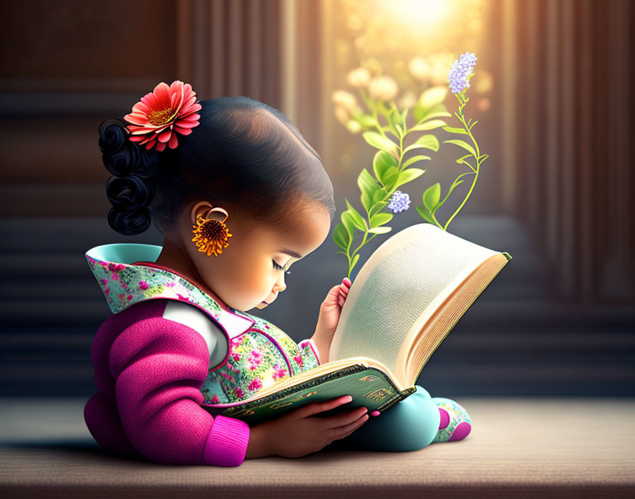 Young girl reading book in warm sunlight by window with flowers.