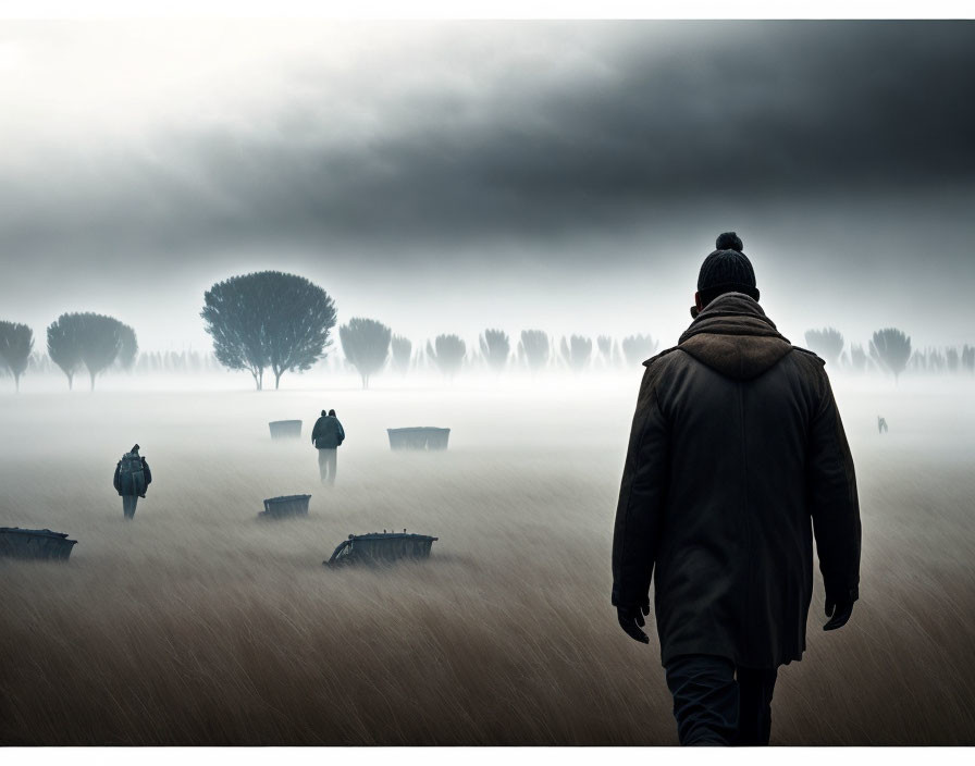 Misty field with walking person and silhouettes under overcast sky