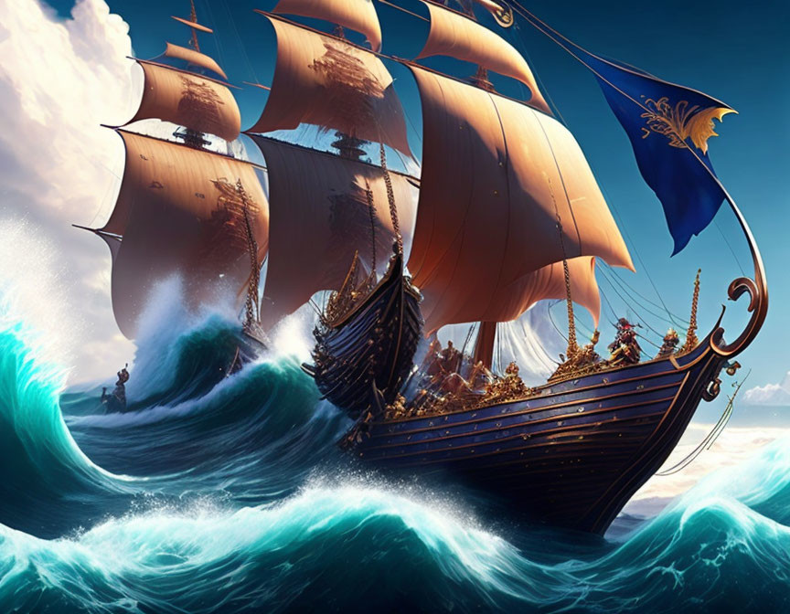 Majestic ship with billowing sails on turbulent ocean waves.