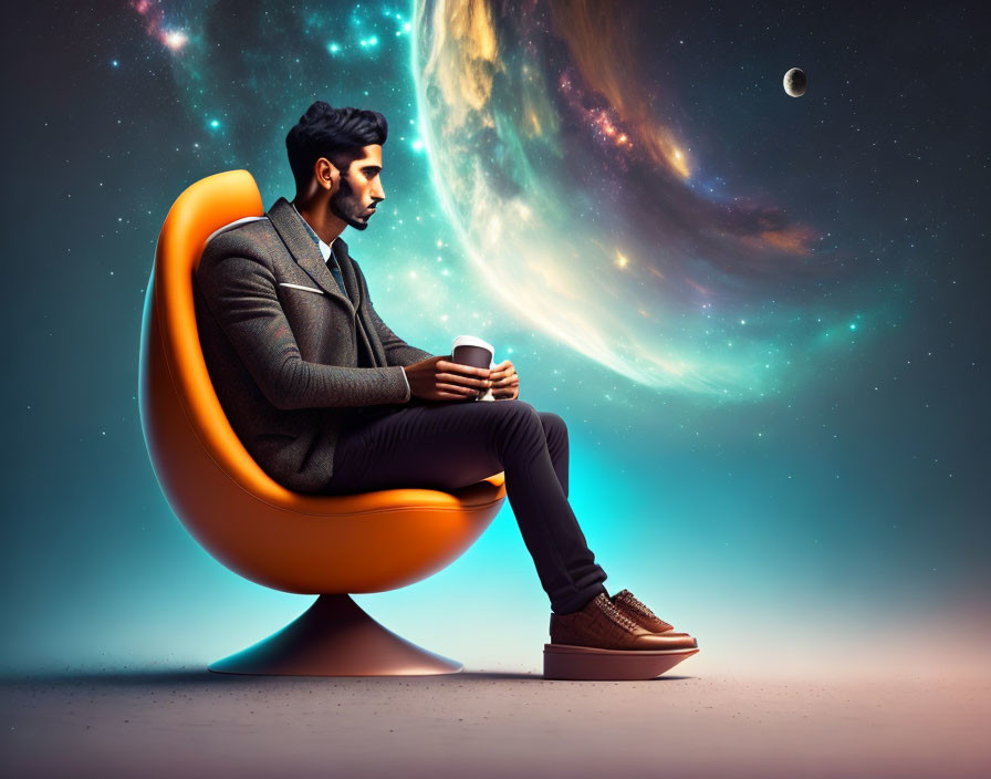 Man sitting in modern chair with cosmic backdrop and cup