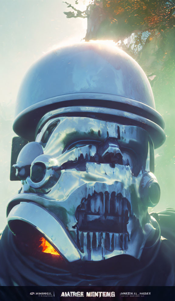 Stormtrooper helmet artwork with reflective greenery and light.