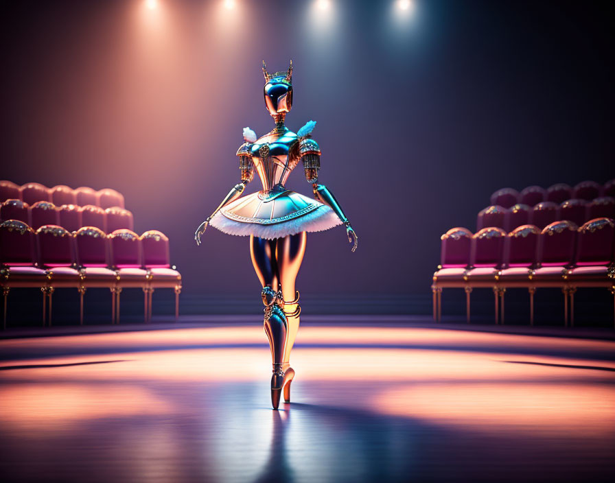 Futuristic robot in ballerina costume on stage with spotlights