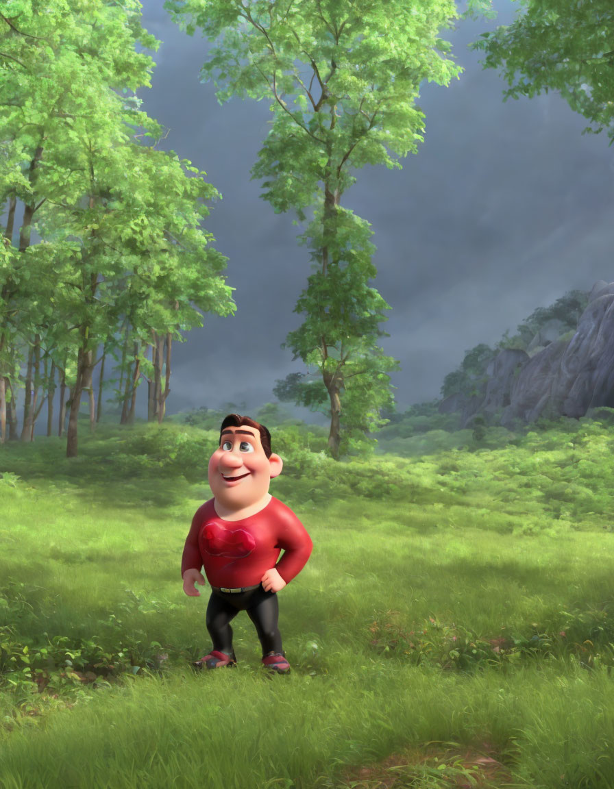 Red-shirted animated character in sunny forest with storm clouds