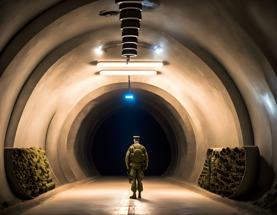 Military person in well-lit tunnel facing dark exit