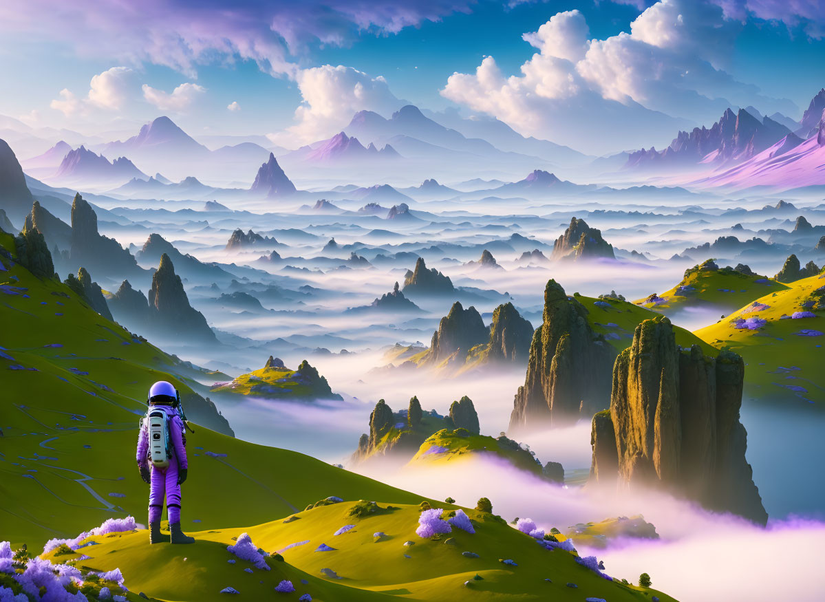 Astronaut observing surreal landscape with fog, peaks, flora under vibrant sky