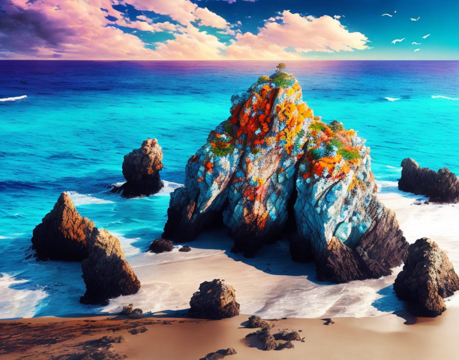 Colorful rocky outcrop in azure seascape with sandy beach & twilight sky