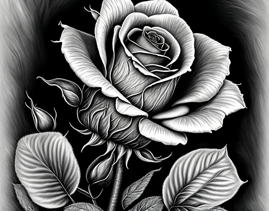 Detailed Grayscale Drawing of Rose with Petal Patterns, Leaves, and Bud