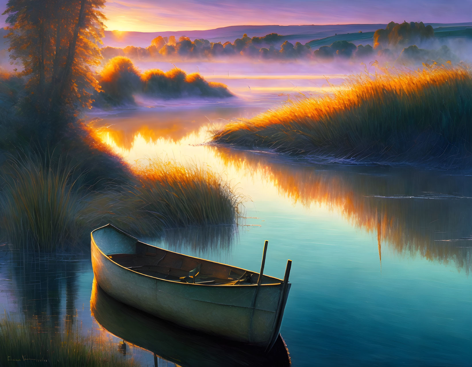 Tranquil sunrise over serene river with canoe and lush reeds