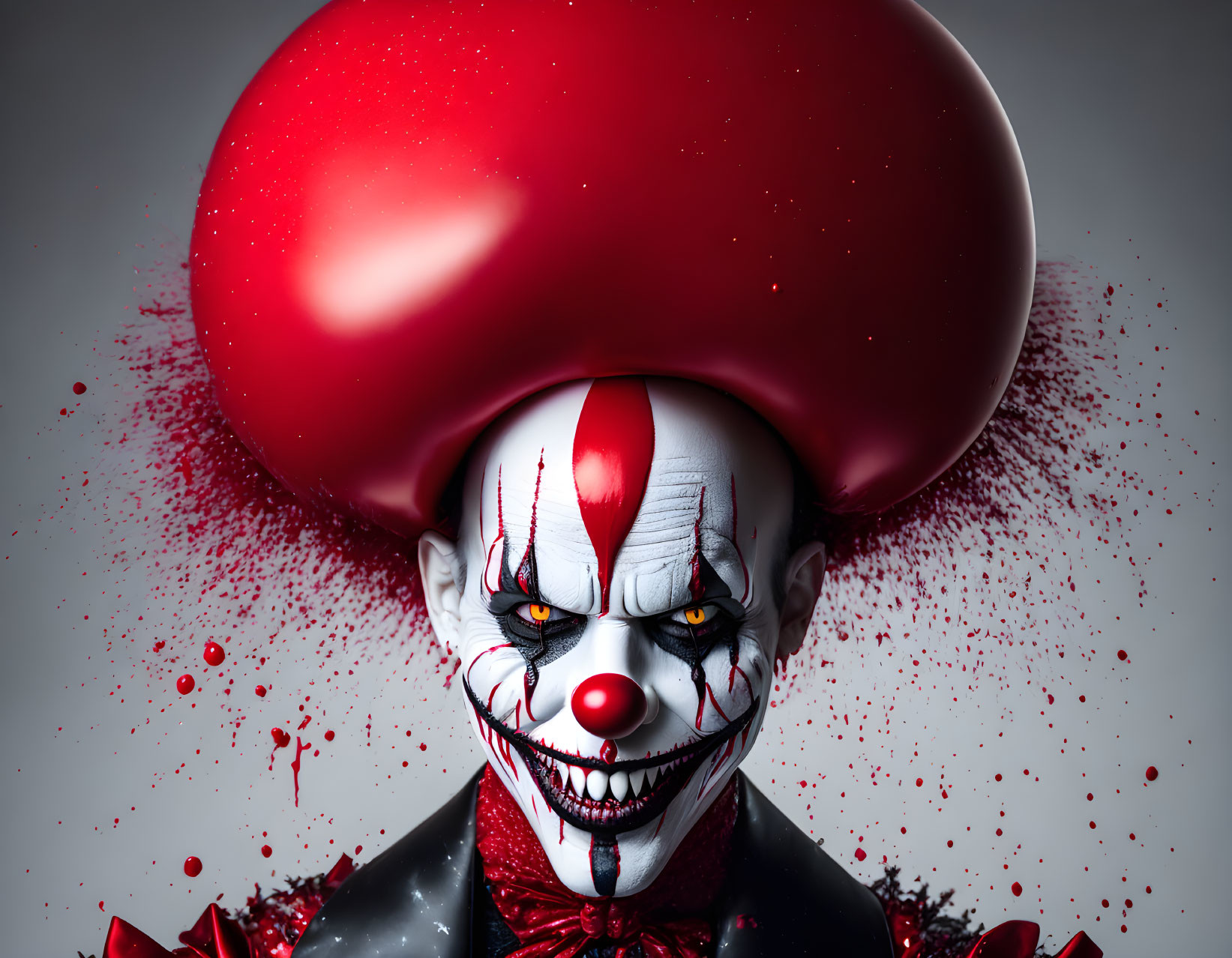 Menacing clown with red balloon hat and sharp teeth on grey background
