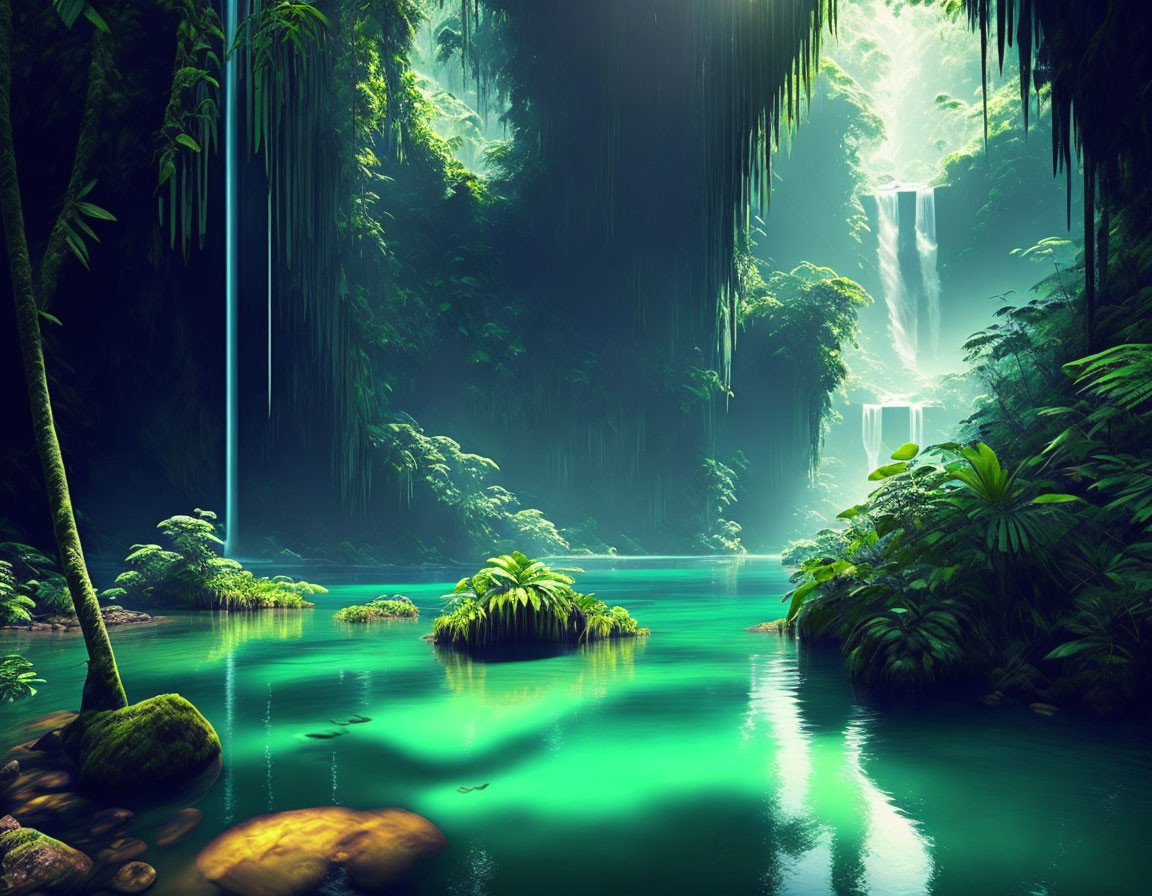 Tranquil digital art: lush jungle, river, waterfalls, sunlight
