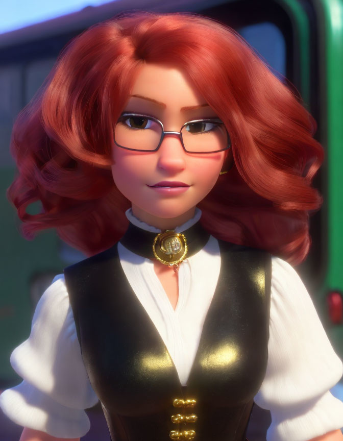 3D-animated female character with red wavy hair, glasses, black and white outfit, and