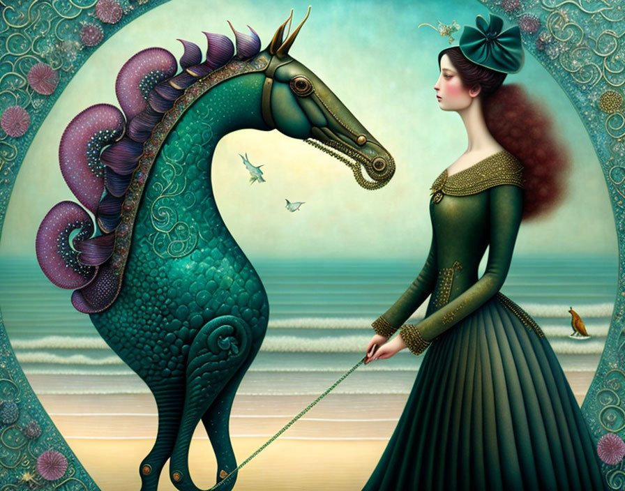 Woman in Green Dress with Seahorse-Like Creature by Surreal Seascape