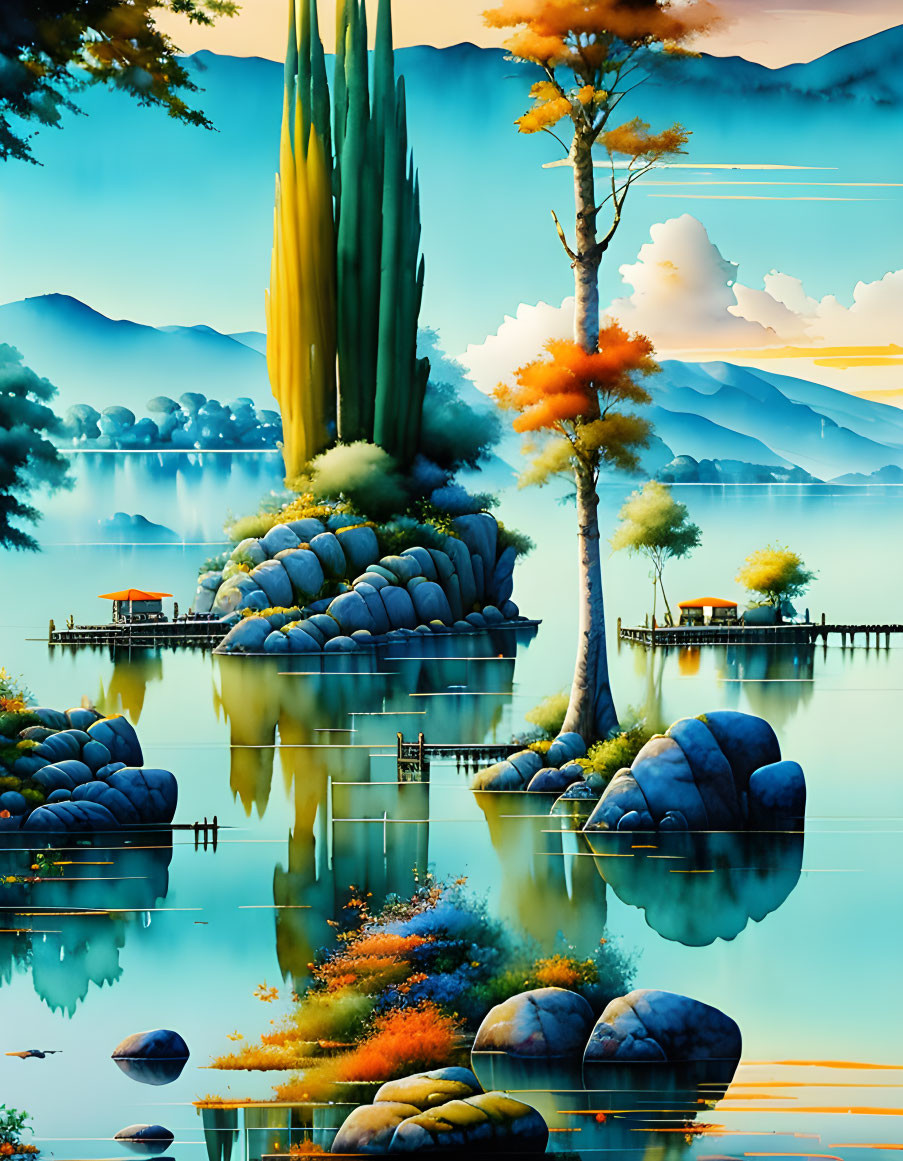 Tranquil landscape painting: serene lake, rocky islets, lush trees, misty mountains.
