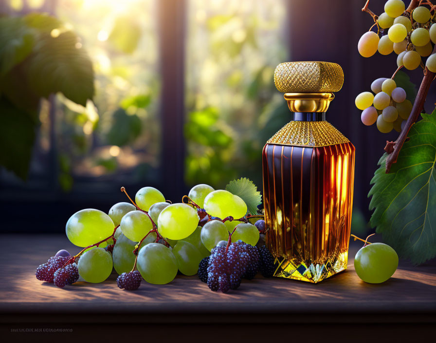 Luxurious perfume bottle with ripe grapes in sunlight.