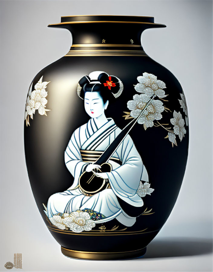 Ornate vase with geisha playing shamisen & cherry blossoms