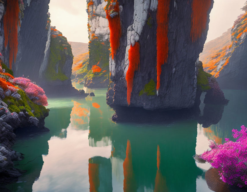 Tranquil river between towering cliffs with vibrant orange lichen and lush vegetation